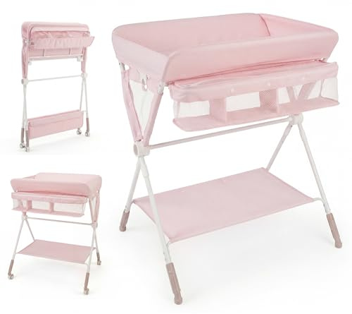 COSTWAY Table à Langer Pliante pour Bébé, Table à Langer Portable Réglable en Hauteur sur 3 Niveaux avec Roulettes Étagère et Panier, Station Organiseur Mobile pour Nouveau-nés (Rose)