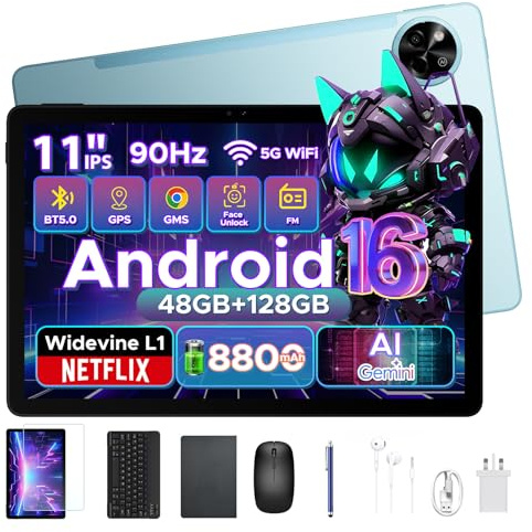 POPUX P11 Tablet 11 Pulgadas, Tablet Android 16 con Gemini AI, 48GB RAM+128GB ROM/TF 2TB, T7250, 90Hz Display 8800mAh, 13MP+5MP, Tablets con Teclado, Lapiz, Face ID, Auriculares 3.5mm, Azul