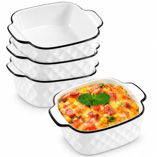 4PCS Ceramic Baking Dishes set, 5.7 Square Individual Pie Dishes | Small Baking Dish for Air Fryer with Handles, Oven Safe & Microwave Safe, for Pudding, Baking, Steak, Pasta, Cooking