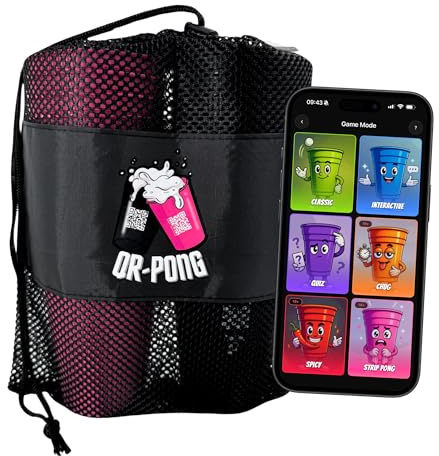 QR-Pong Party Paket – Bierpong Becher Set mit 22 Bechern, 14 Bällen & Kronkorkenpistole, Trinkspiel für Erwachsene, App mit 3.000+ Aufgaben, Hartplastik Beerpongbecher, Partyspiel ab 18