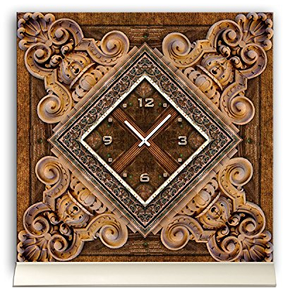 dixtime Tischuhr 30cmx30cm inkl. Alu-Ständer -antikes Design Motiv Holz Relief Schnitzerei geräuschloses Quarzuhrwerk -Wanduhr-Standuhr TU3956