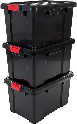 Iris Ohyama, Plastik Aufbewahrungsboxen mit Deckel und Clipverschluss, 50L, 3er Set, Stapelbar, Ineinandergreifend, BPA-frei, Dachboden, Schuppen, Garage, Garage, SK-450, Schwarz