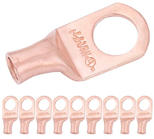 SELTERM 8 AWG (10 mm²) - 3/8 (M10) ⌀ Hole UL Heavy Duty Wire Lugs, Battery Cable Ends, Bare Copper Eyelets, Tubular Ring Terminal Connectors [B9] - 10 Pack