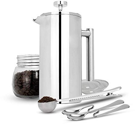 Maison & White French Press Cafetiere Stainless Steel Coffee Press Maker Free Extra Filter/Measuring Spoon/Bag Clip Double Wall Insulation 7 Coffee Gift Set 350 ml