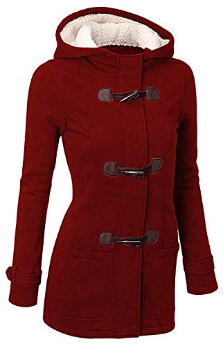 GHYUGR Abrigos con Horn Botones Mujer Invierno Elegantes Slim Chaqueta con Capucha Lana Capa Jacket Sudadera Pullover Outwear Parka,Vino Tinto,XL