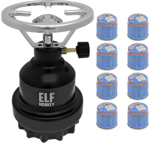 Campingkocher E190 | Set Metall-Gaskocher & Stechgas Kartusche | Gasherd Kochfeld | 1-flammig | Outdoor, Freizeit, Wanderung, Picknick | Camping, Notfall Zubehör: Modell: Schwarz + 8x Gaskartusche