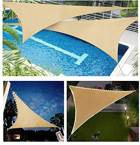 HOXMOMA Tende da Sole per Esterno, Vela Ombreggiante con Luci a LED,Tenda a Vela Triangolo, Protezione Raggi UV Vela Tenda, Impermeabile e Resistente, per Giardino Balcone Terrazza,Beige,5x5x5m