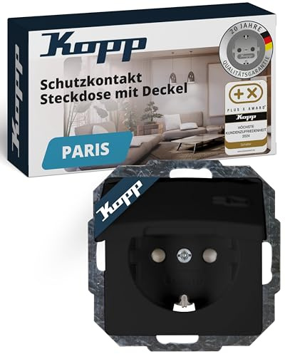 Kopp PARIS Schutzkontaktsteckdose mit Deckel - Matt-Schwarz - 1-fach Einbausteckdose mit erhöhtem Berührungsschutz - IP20 Steckdose mit Klappe - Hochwertige Unterputz-Steckdose 16A / 250V~