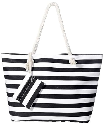 MASADA Badetasche XXL Familie Strandtasche Damen Beach bag groß mit Reißverschluss - Gestreift schwarz