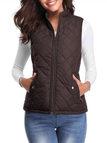 Fuinloth Women's Quilted Vest, Stand Collar Lightweight Zip Padded Gilet Chocolate 2X