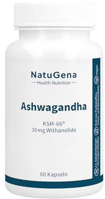 NatuGena Ashwagandha, KSM-66 mit 30mg Withanoliden pro Tagesdosis, höchste Rohstoffqualität aus deutscher Herstellung, 60 Kapseln (60 Tage Packung)