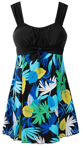 Wantdo Traje de Baño de Cintura Alta Falda de Verano Traje de Baño de Una Pieza Elegante Una Pieza para El Mar y La Playa Vestido Floral para Mujer Hoja Negra con Flor 56-58