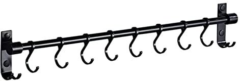 WYJRO Hakenleiste für Küchenutensilien,Hakenleiste für Küchenutensilien mit 8 S-Haken kein Bohren Aufbewahrungs-Organizer-Rack, für Küche/Bad/Garderobe (Schwarz).,Schwarz,30cm