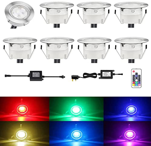 CISLAN Waterproof Plinth Deck Lights RGB Multi-Color 8 Pack IP67 Waterproof Indoor/Outdoor Decor Light with Remote Control High Brightness Buried Garden Light for Decking Lighting, Kitchen Plinths