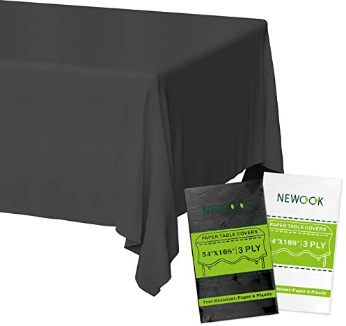 NEWOOK Black Paper Tablecloths Disposable for Rectangle Tables 12 Pack,3 Ply Paper & Plastic Quality Table Cloth for Parties,54 x 108 Inch Birthday Table Cover Outdoor Wedding Banquet Tablecover