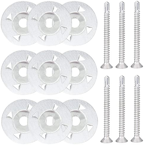 200 Stück Unterlegscheiben 28mm Durchmesser Pratzen Beilagscheiben Bausatz 100 Stück Edelstahl Unterlegscheiben und 100 Stück Schrauben für Gipskartonplatten Isolierung Thermoboard Verbundplatten