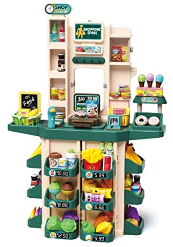 Coemo Supermarkt Florian Türkis Kaufmannsladen Marktstand für Kinder, mit Einkaufskorb und viel Zubehör, geeignet für Kinder ab 3 Jahren
