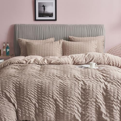Freyamy Bettwäsche 135x200 Seersucker Khaki Geprägt Gestreifte Bettwäsche-Sets Aesthetic Microfaser ÖKO-TEX Bettbezug 1 Deckenbezug mit Reißverschluss und 1 Kissenbezug 80x80cm