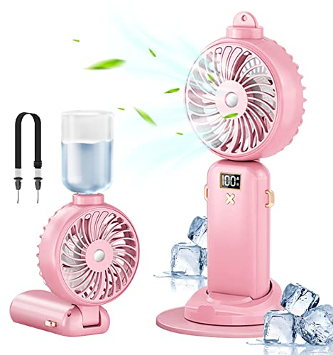 Handventilator Akku Aufladbar 2500mAh, Mini Ventilator mit Wassernebel, Hand Ventilatoren USB Leise, Tragbarer Klein Ventilator 5 Windgeschwindigkeit Lüfter für Büro Zimmer Outdoor Reisen (Rosa)