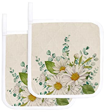 Set di 2 presine da cucina con fiori di margherita e foglie di eucalipto, presine resistenti al calore acquerello floreale su lino lavabili presine da forno presine per cucinare al forno