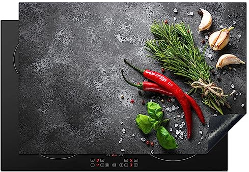 KitchenYeah© Herdabdeckplatte Einteilig Küche Ceranfeld Abdeckplatte | 76x51 cm - Cerankochfeld Abdeckung Induktionskochfeld Schutzmatte Pfeffer - Kräuter - Gewürze - Beton