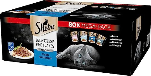 Sheba våtfoder för katter, delikatess, fina flingor, 80 x 85 g skålar, megapack – kattmat våt, fiskurval i gelé med lax, vit fisk, tonfisk och torsk för vuxna katter