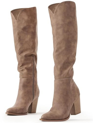 Putu Womens's Knee High Boots High Heel Western Boots Pointed Toe Tall Boots Faux Leather Brown 7.5