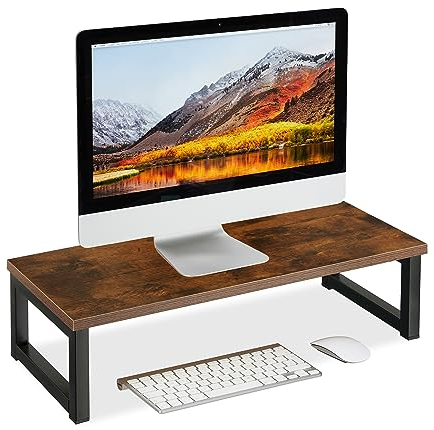 Relaxdays monitorstativ, skärmhöjd för skrivbord, H x B x D: 15 x 55 x 23 cm, industriell design, brun/svart, stål