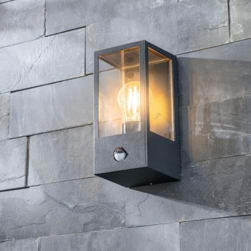 CGC Lighting Outdoor Outside Wall Light Contemporary Box Lantern Garden Porch Post Driveway Patio Lamp Weatherproof (Black Aluminium PIR)