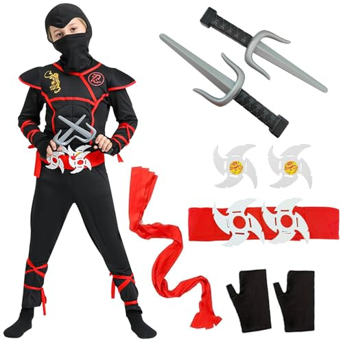 Bocguy Costume Ninja Enfant, Deguisement Ninja, Halloween Costume Deguisement pour Ninja Deguisement Enfant Cosplay Ensemble pour Halloween Fête de Carnaval, Noir(L)