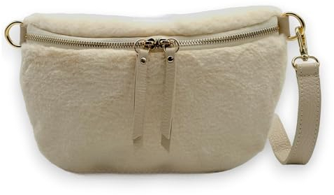 Plüsch Bauchtasche Damen Teddyfell Crossbody Bag Hüfttasche Gürteltasche Schultertasche Goldene Karabiner (Creme)