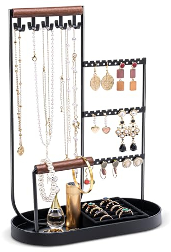 ProCase Schmuckständer Schmuckhalter für Halskette Ohrstecker, Schmuck Organizer Jewelry Ständer mit Samt Ring Tablett und Studie Metallrahmen, Schmuckaufbewahrung für Ketten Armbänder Ringe -Schwarz