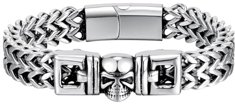 JewelryWe Biker Armband Herren Gotik Punk Motorrad Panzerkette Königskette Armkette Edelstahl Kiel Link Armreif Geschenk für Männer Silber