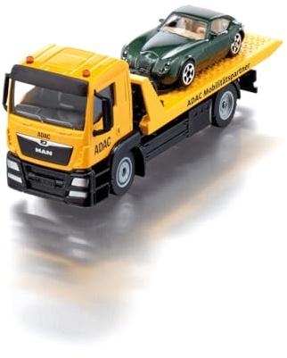 Siku 2722, Carro Attrezzi MAN ADAC, Inclusa Auto Giocattolo, 1:55, Metallo/Plastica, Giallo, Fedele all'Originale, Verricello a Cavo Estensibile, Piattaforma di Trasporto Inclinabile e Abbattibile