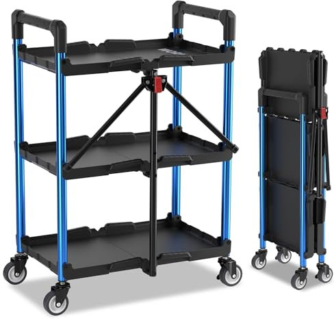 WORKPRO 3-Tier Collapsible Service Cart, 96 kg Folding Cart with Wheels, Portable Tool Trolley with Ergonomic Handle for Garage, Warehouse, Home, Restaurant, Office (No Assembly Required)