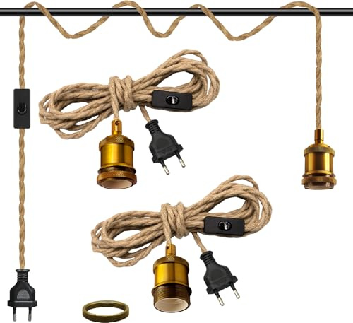 Pendelleuchte Vintage, 2 Stück Hängelampe mit Stecker Industrial, 510cm Verlängerungskabel Pendelleuchte,Hanfseil Pendellampe Kit,Retro Lampenfassung E27 Mit Kabel,für Farmhouse Loft,Ohne GlüHbirne