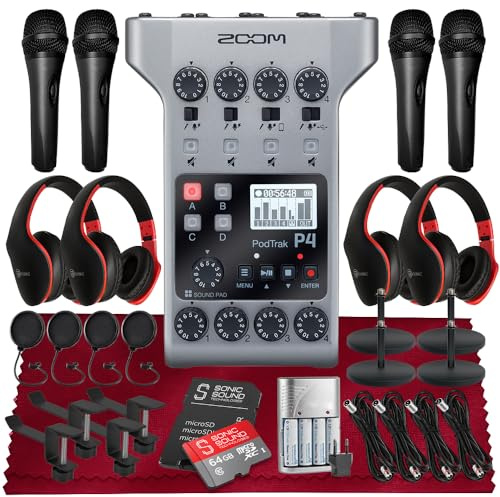 Zoom PodTrak P4 Portable Multitrack Podcast Recorder, Audio Interface w/ 4 Mic Inputs, 4 Headphone Outputs, Platinum Kit with 4X Mic Pop Filters, 4X Headphone w/Mic, 4X Handheld Mic, 64GB SD & More
