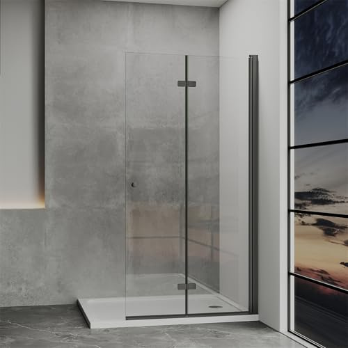 IMPTS Walk in Duschwand 90x185 cm, Walk in Dusche Glas mit Falttür Begehbare Duschkabine Duschtrennwand Rahmenlos 6mm ESG Sicherheitsglas, Schwarz