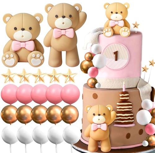 JeVenis Teddybär Tortendeko für Taufe Mädchen 1 Jahr Rosa Kuchen Dekoration für Hochzeit Babyshower Geburtstag Party