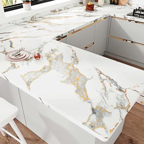 HotDecor Klebefolie Möbel Selbstklebende Tapete Weiß Gold Matte Marmor Folie Küchenarbeitsplatte Abwaschbare Vinyltapete Möbelfolie Küche Selbstklebend Wand Tapeten Küchenfolie Schränke 60cm x 300cm