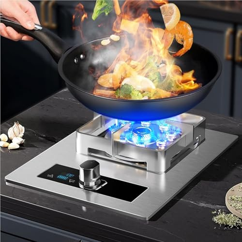 THEGA Acero Inoxidable Estufas Gas - Hornilla Estufa Portátil, Estufas Gas Sobremesa Y Empotradas, Estufa Gas con Diseño Bloqueo para Niños Tipo Pulsador, Estufa Gas Doméstica con Temporizador(LPG)