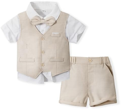 Volunboy 4-delar baby pojkar sommar bröllopskostym, småbarn formell klänning kläder outfit, kortärmad väst, shorts, skjortset, BEIgE, 2-3 Years