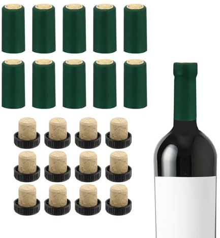 QUARKZMAN 100Pcs Capsules Thermorétractables PVC 12Pcs Bouchons Liège Forme T Bouchon Scellage Bouteille Capsules Thermorétractables pour Verre, Caves Bordeaux, 30x60mm, Vert