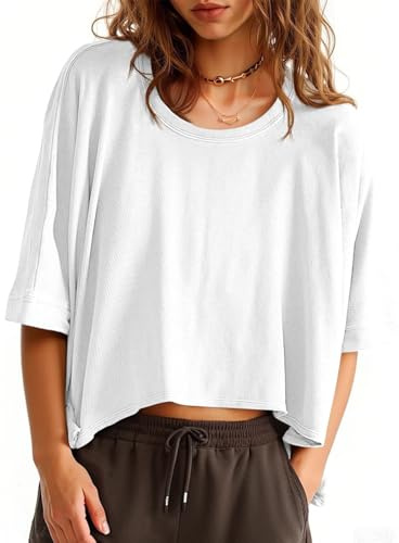 Cicy Bell Damen Oversize T-Shirts Kurz Crop Tops Sommer Rundhals Kurzärmeliges Sport Oberteil Sommerblusen Kurzarm Gym Top Basic Tee Bauchfrei Shirts