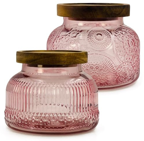 Barattolo di vetro rosa decorativo con coperchio in legno ermetico da 25,4 once 2 pezzi, contenitori da cucina vintage a bocca larga per biscotti, caramelle, miele, farina, spezie, caffè, tè