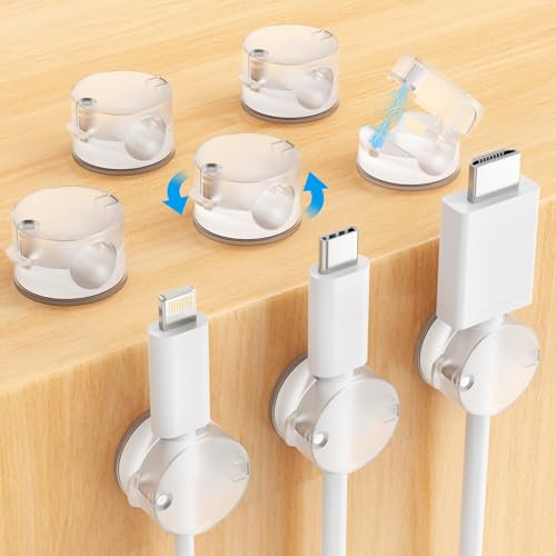 AGPTEK 8 Pack Magnetic Cable Clips, Self-Adhesive Adjustable 360°Rotating Cord Holder Organizer Desk Wire Tidy Management for HDMI Phone Charging Cords USB Cable Keeper Home Office, Transparent