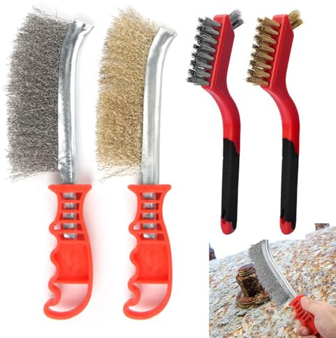 Hand Wire Brush Set 4 Pcs with Stainless Steel Brush and Brass Brush,Wire Brush for Wood, Drill, Cleaning Welding Slag, Rust Removal, Angle Grinder, Bricks Wire Brushes(2 Big&2 Small)