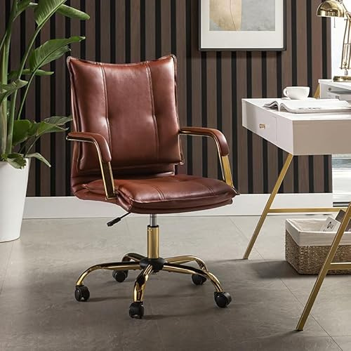 HULALA HOME Moderner Bürostuhl mit Armlehnen höhenverstellbarem Schreibtischstuhl Drehstuhl aus Kunstleder mit 5-Rad-Rolle stabile Metallbasis, Braun