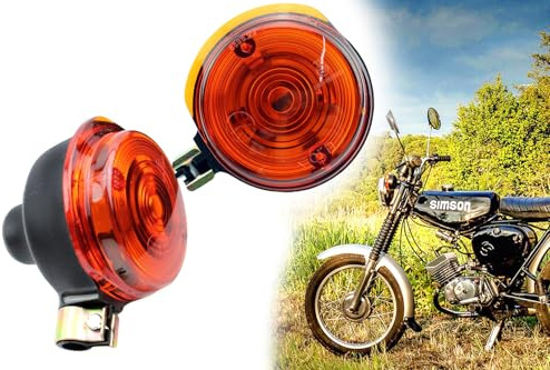BISOMO Blinker Set, Blinkleuchten Vorn für Simson S50 S51 S70 SR50 SR80, MZ ETS, TS, ETZ Ø 75mm E-geprüft, Lampenträger schwarz. Lichtaustritt Orange