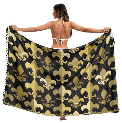 Paréo de plage noir fleur de lys doré pour femme, paréo long, taille L, Fleur de Lis Or Noir, Large